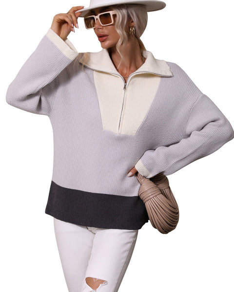 ellazhu Womens Sweater Half Zip Patchwork Casual Long Sleeve Crewneck Pullover Knit MY05