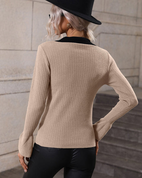 ellazhu Womens Lapel Casual Long Sleeve V Neck Pullover Knit Sweater MY11
