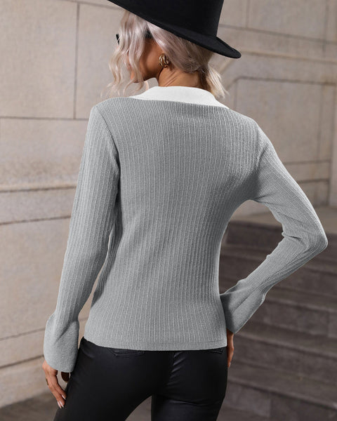 ellazhu Womens Lapel Casual Long Sleeve V Neck Pullover Knit Sweater MY11