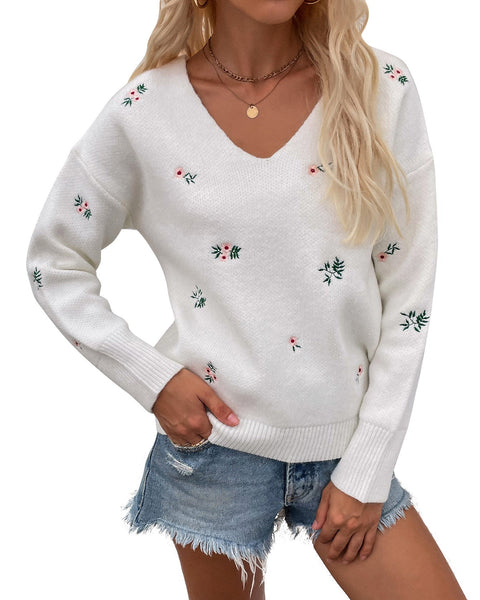 ellazhu Womens Print Casual Long Sleeve V Neck Pullover Knit Sweater Tops MY16