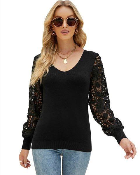 ellazhu Womens Lace Crochet Casual Long Sleeve Knit Crewneck Sweaters Knit Pullover Tops MY18