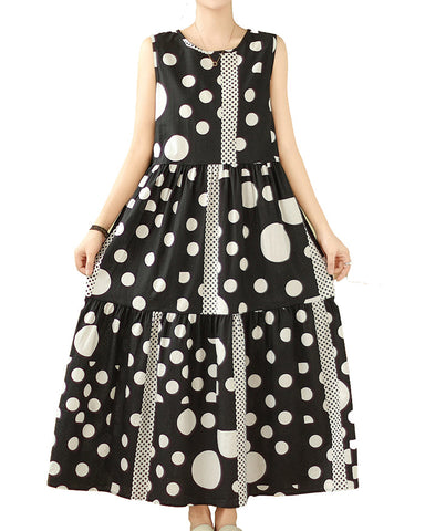 ellazhu Women's Sleeveless Maxi Length Boho Casual Polka Dot Print Dress GA2730