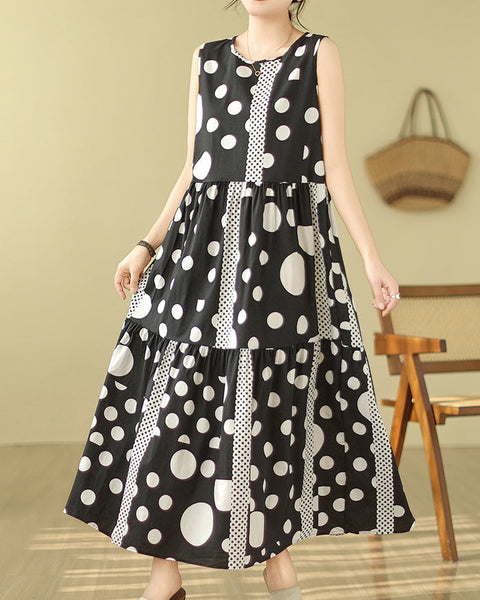 ellazhu Women's Sleeveless Maxi Length Boho Casual Polka Dot Print Dress GA2730