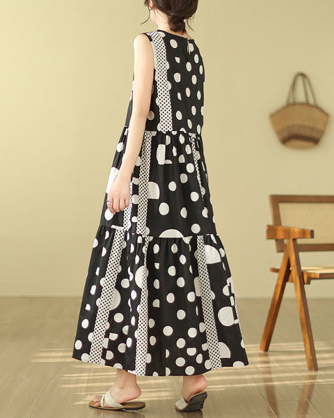 ellazhu Women's Sleeveless Maxi Length Boho Casual Polka Dot Print Dress GA2730