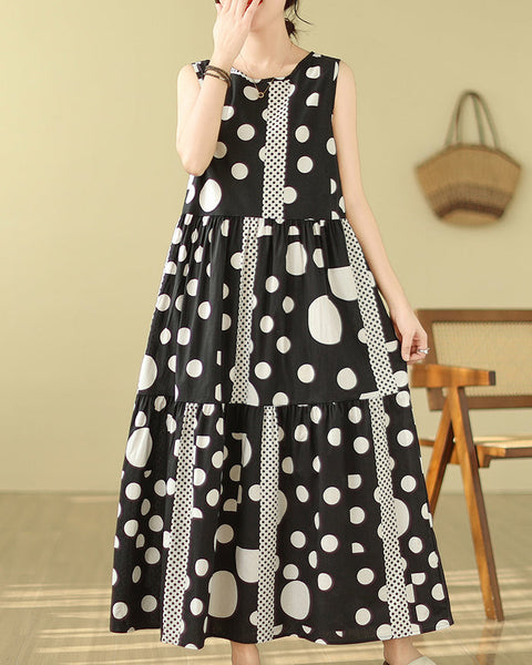 ellazhu Women's Sleeveless Maxi Length Boho Casual Polka Dot Print Dress GA2730