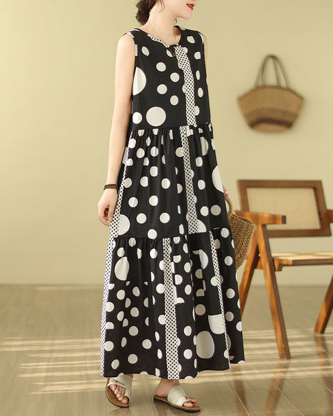 ellazhu Women's Sleeveless Maxi Length Boho Casual Polka Dot Print Dress GA2730