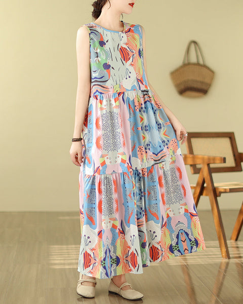 ellazhu Women's Sleeveless Maxi Length Boho Floral Print Color Block Dress GA2731