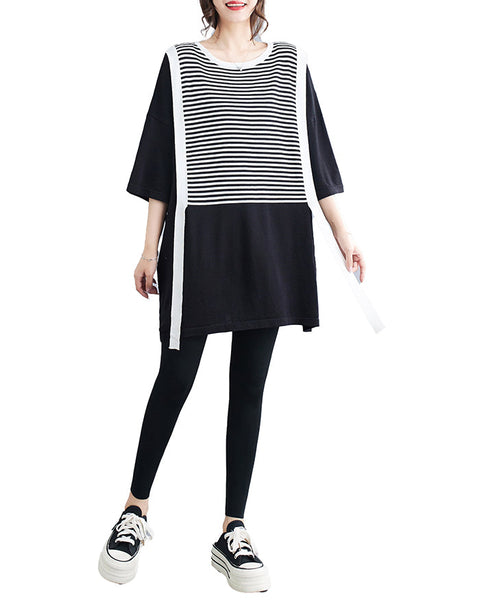 ellazhu Women's Half Sleeves Crewneck Stripe Patchwork Casual T-Shirt Dress GA2733 A