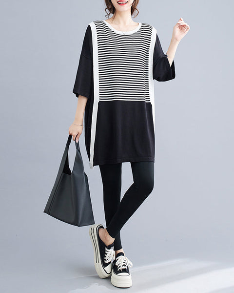 ellazhu Women's Half Sleeves Crewneck Stripe Patchwork Casual T-Shirt Dress GA2733 A