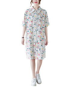 ellazhu Women's Short Sleeves Lapel Button Down Floral Print Shirt Dress GA2734 White