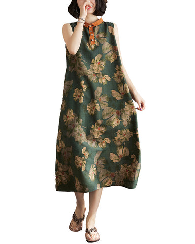 ellazhu Women's Sleeveless Maxi Length Floral Print Lapel Shirt Dress GA2738