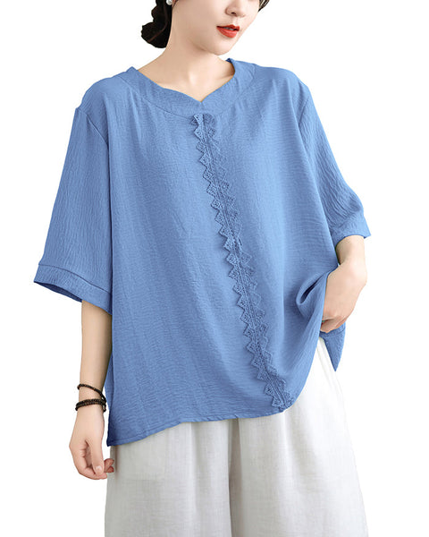 ellazhu Women's Shirt Pullover V-Neck Solid Color Half Sleeve Lace Flowy Hem Spring Summer GA2743