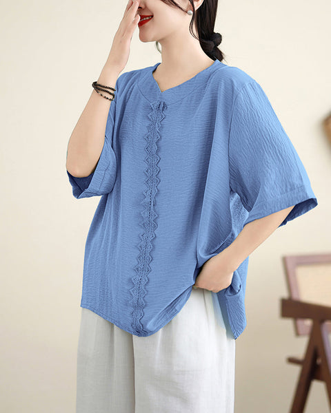 ellazhu Women's Shirt Pullover V-Neck Solid Color Half Sleeve Lace Flowy Hem Spring Summer GA2743