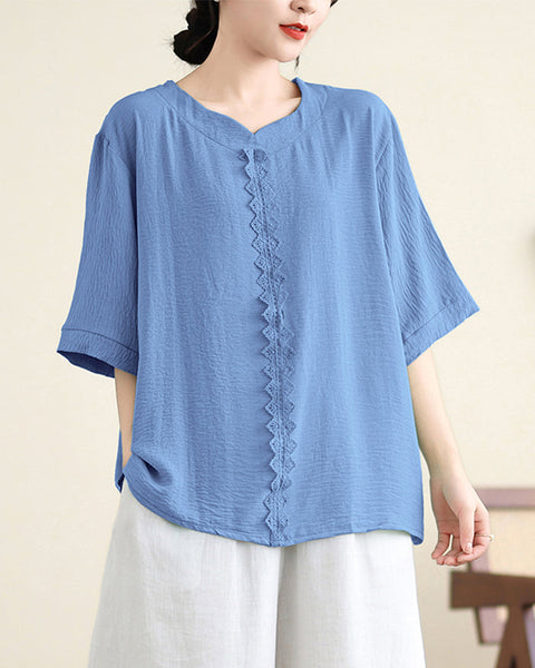 ellazhu Women's Shirt Pullover V-Neck Solid Color Half Sleeve Lace Flowy Hem Spring Summer GA2743