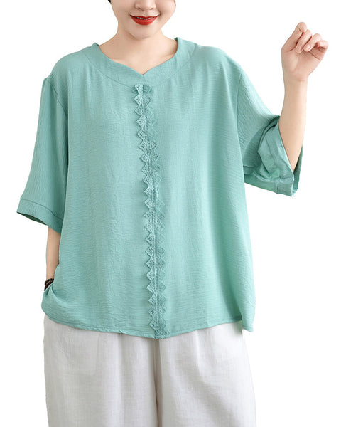 ellazhu Women's Shirt Pullover V-Neck Solid Color Half Sleeve Lace Flowy Hem Spring Summer GA2743