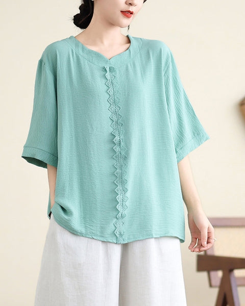 ellazhu Women's Shirt Pullover V-Neck Solid Color Half Sleeve Lace Flowy Hem Spring Summer GA2743