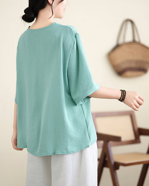 ellazhu Women's Shirt Pullover V-Neck Solid Color Half Sleeve Lace Flowy Hem Spring Summer GA2743