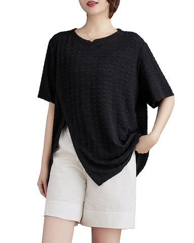 ellazhu Women's Shirt Short Sleeve Loose Oversize Crewneck Solid Split Hem Pullover Casual GA2746