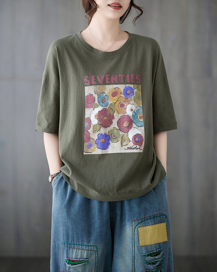 Ellazhu Women's Oversized Patchwork Crewneck T-Shirt - Half Sleeve Relaxed Blouse (One Size Fits S-XL) - View #5