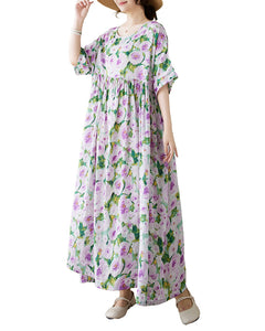 ellazhu Women's Dress Short Sleeve Oversize Loose Crewneck Green Purple Floral Print Maxi GA2751