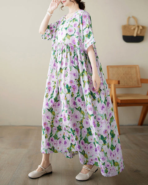 ellazhu Women's Dress Short Sleeve Oversize Loose Crewneck Green Purple Floral Print Maxi GA2751