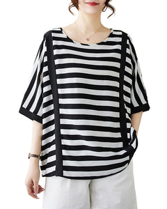 ellazhu Women's Shirt Half Sleeve Crewneck Oversize Loose Stripe Flowy Hem Spring Summer GA2752