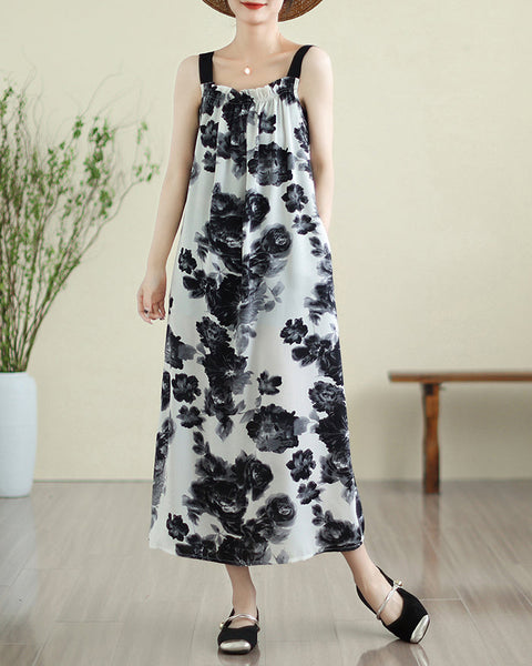 ellazhu Women's Dress Sleeveless Tank Black Strap Oversize Loose Flowy Hem Floral Print Summer GA2753