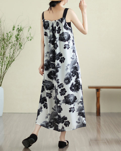 ellazhu Women's Dress Sleeveless Tank Black Strap Oversize Loose Flowy Hem Floral Print Summer GA2753