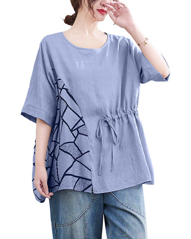 ellazhu Women's T-Shirt Crewneck Half Sleeve Solid Color Tunic Top Patchwork Loose Oversize GA2755