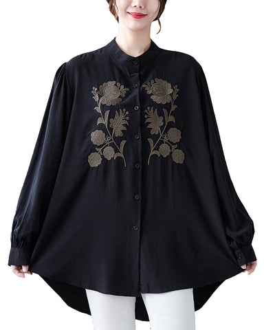 Women's Shirt Button Down Long Sleeve Pattern with Flowers High Low Hem Solid Loose Oversize GA2766