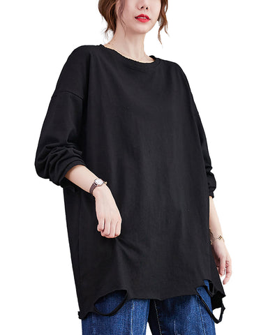 Women's Shirt Crewneck Long Sleeve Solid Color Flowy Irregular Hem Top Loose Oversize GA2768