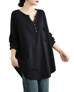 Women's Shirt V-Neck Button Down Pocket Long Sleeve Flowy Hem Solid Color Loose Oversize GA2770