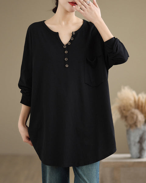 Women's Shirt V-Neck Button Down Pocket Long Sleeve Flowy Hem Solid Color Loose Oversize GA2770