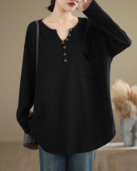 Women's Shirt V-Neck Button Down Pocket Long Sleeve Flowy Hem Solid Color Loose Oversize GA2770