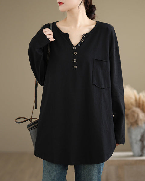 Women's Shirt V-Neck Button Down Pocket Long Sleeve Flowy Hem Solid Color Loose Oversize GA2770