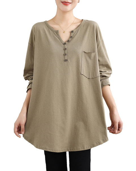 Women's Shirt V-Neck Button Down Pocket Long Sleeve Flowy Hem Solid Color Loose Oversize GA2770