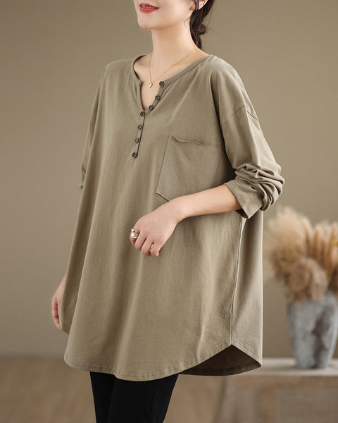 Women's Shirt V-Neck Button Down Pocket Long Sleeve Flowy Hem Solid Color Loose Oversize GA2770