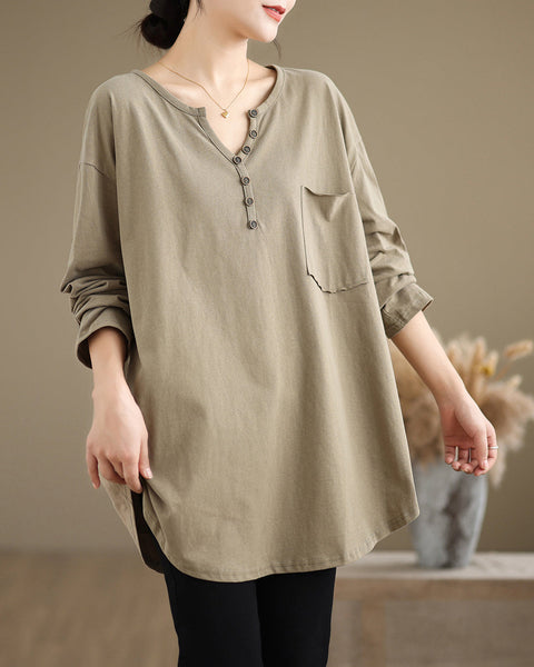 Women's Shirt V-Neck Button Down Pocket Long Sleeve Flowy Hem Solid Color Loose Oversize GA2770