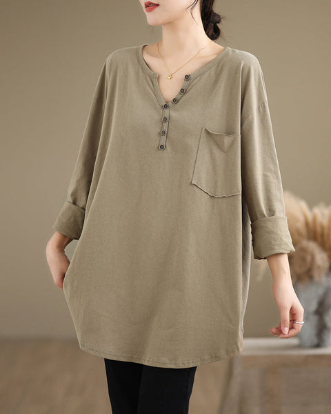 Women's Shirt V-Neck Button Down Pocket Long Sleeve Flowy Hem Solid Color Loose Oversize GA2770