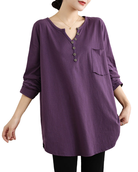 Women's Shirt V-Neck Button Down Pocket Long Sleeve Flowy Hem Solid Color Loose Oversize GA2770