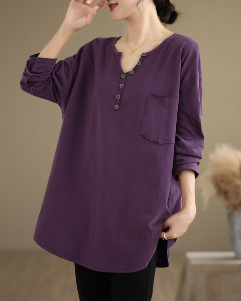 Women's Shirt V-Neck Button Down Pocket Long Sleeve Flowy Hem Solid Color Loose Oversize GA2770