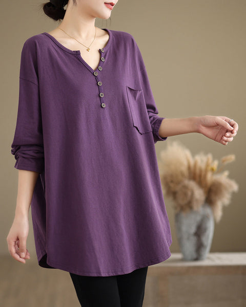 Women's Shirt V-Neck Button Down Pocket Long Sleeve Flowy Hem Solid Color Loose Oversize GA2770