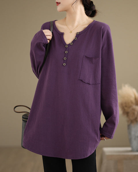 Women's Shirt V-Neck Button Down Pocket Long Sleeve Flowy Hem Solid Color Loose Oversize GA2770