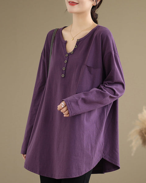 Women's Shirt V-Neck Button Down Pocket Long Sleeve Flowy Hem Solid Color Loose Oversize GA2770