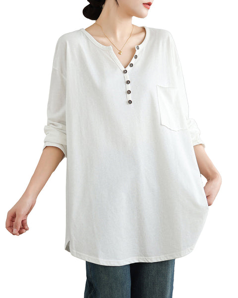 Women's Shirt V-Neck Button Down Pocket Long Sleeve Flowy Hem Solid Color Loose Oversize GA2770