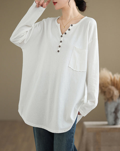 Women's Shirt V-Neck Button Down Pocket Long Sleeve Flowy Hem Solid Color Loose Oversize GA2770