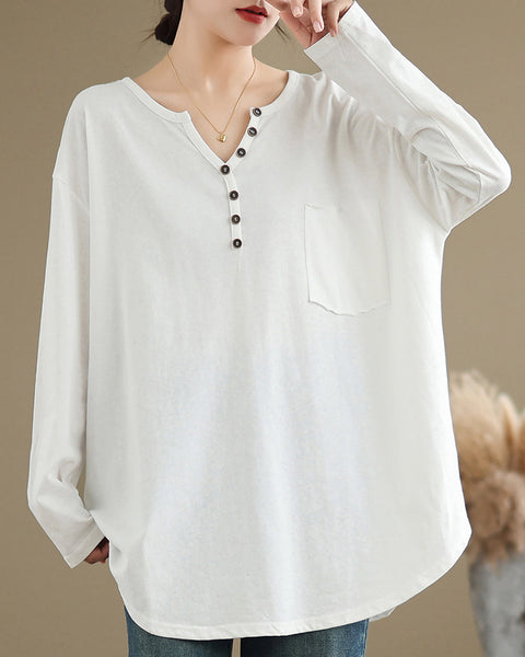 Women's Shirt V-Neck Button Down Pocket Long Sleeve Flowy Hem Solid Color Loose Oversize GA2770