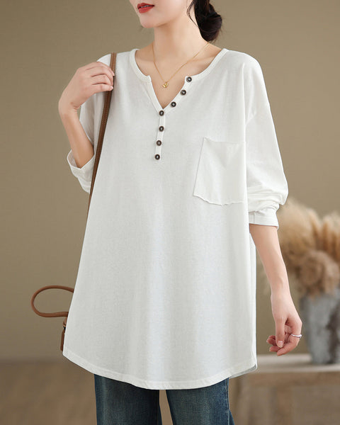 Women's Shirt V-Neck Button Down Pocket Long Sleeve Flowy Hem Solid Color Loose Oversize GA2770