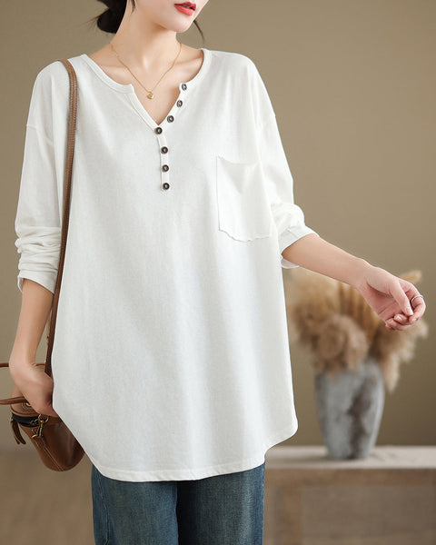 Women's Shirt V-Neck Button Down Pocket Long Sleeve Flowy Hem Solid Color Loose Oversize GA2770