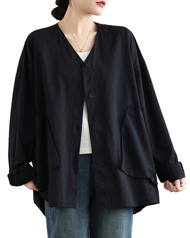 Women's Shirt V-Neck Button Down Long Sleeve Two Side Pockets Flowy Hem Top Loose Oversize GA2771